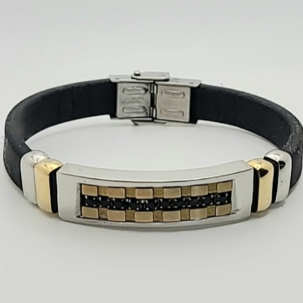 Unisex Stainless Steel Two-Tone Bracelet Black PUC Leather Pave' Stones 8.5"